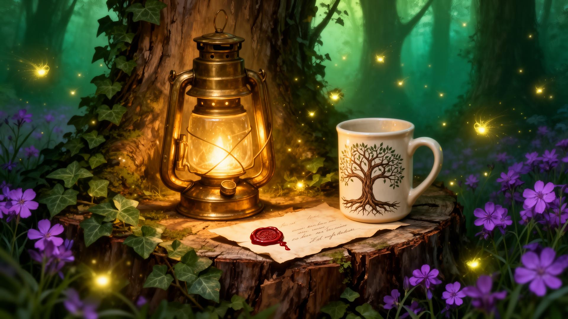 Lantern and letter on a forest stump