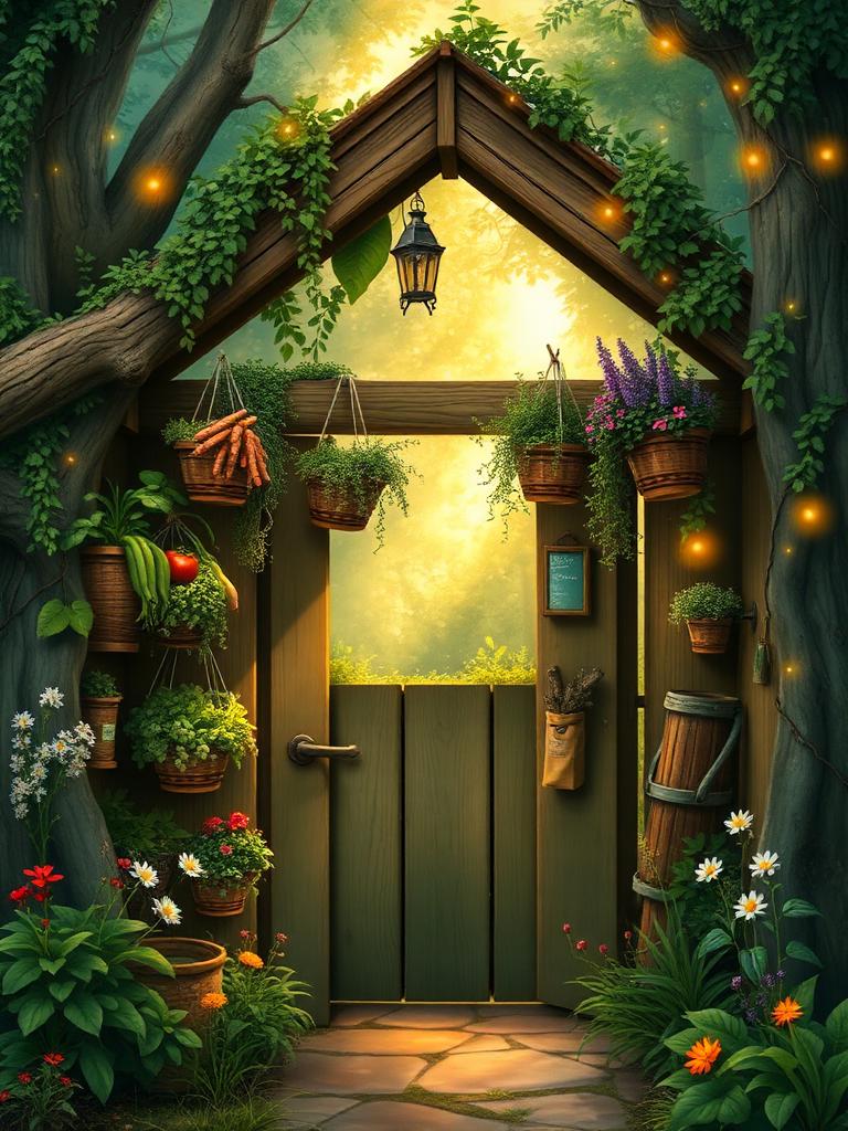 Enchanted farm stand portal door with hanging baskets of vegetables and herbs