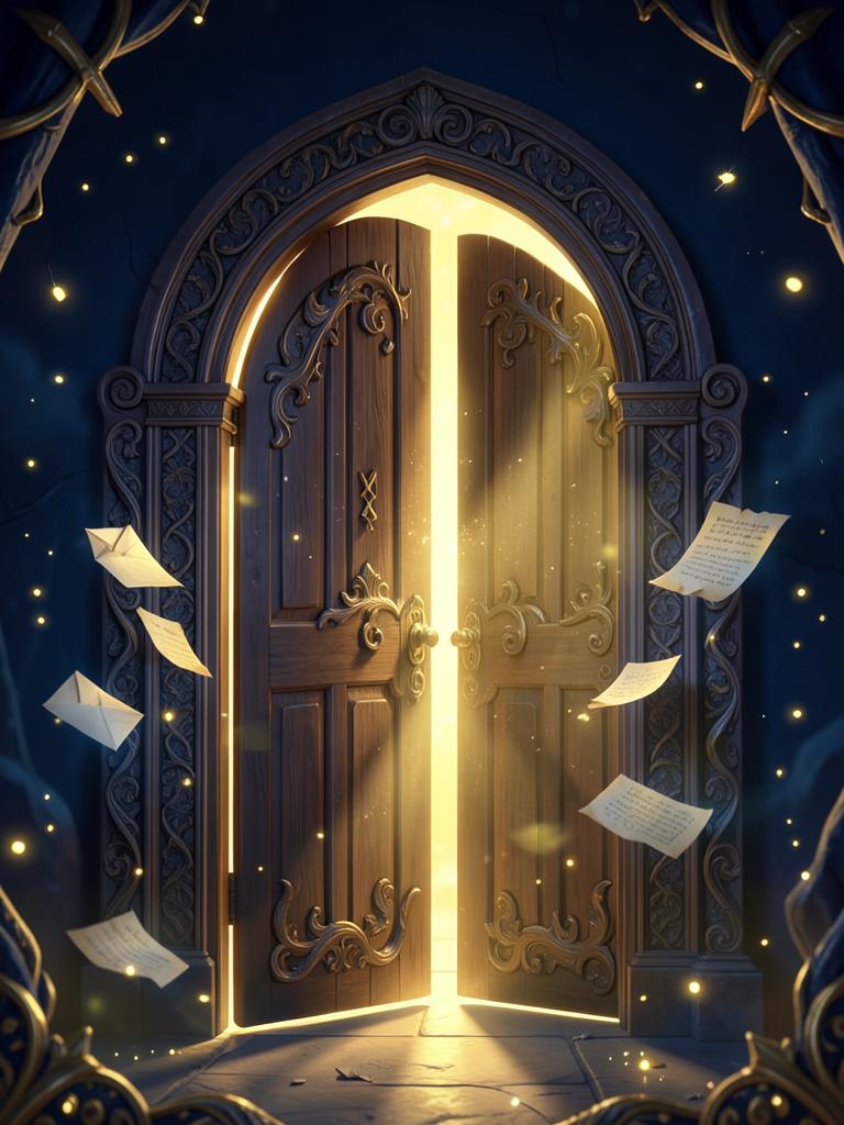 Newsletter portal door with floating letters and golden light