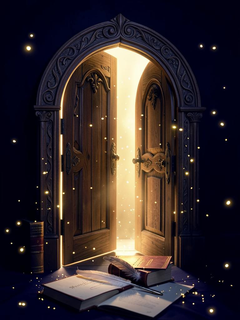 Signed copies portal door with books and quill