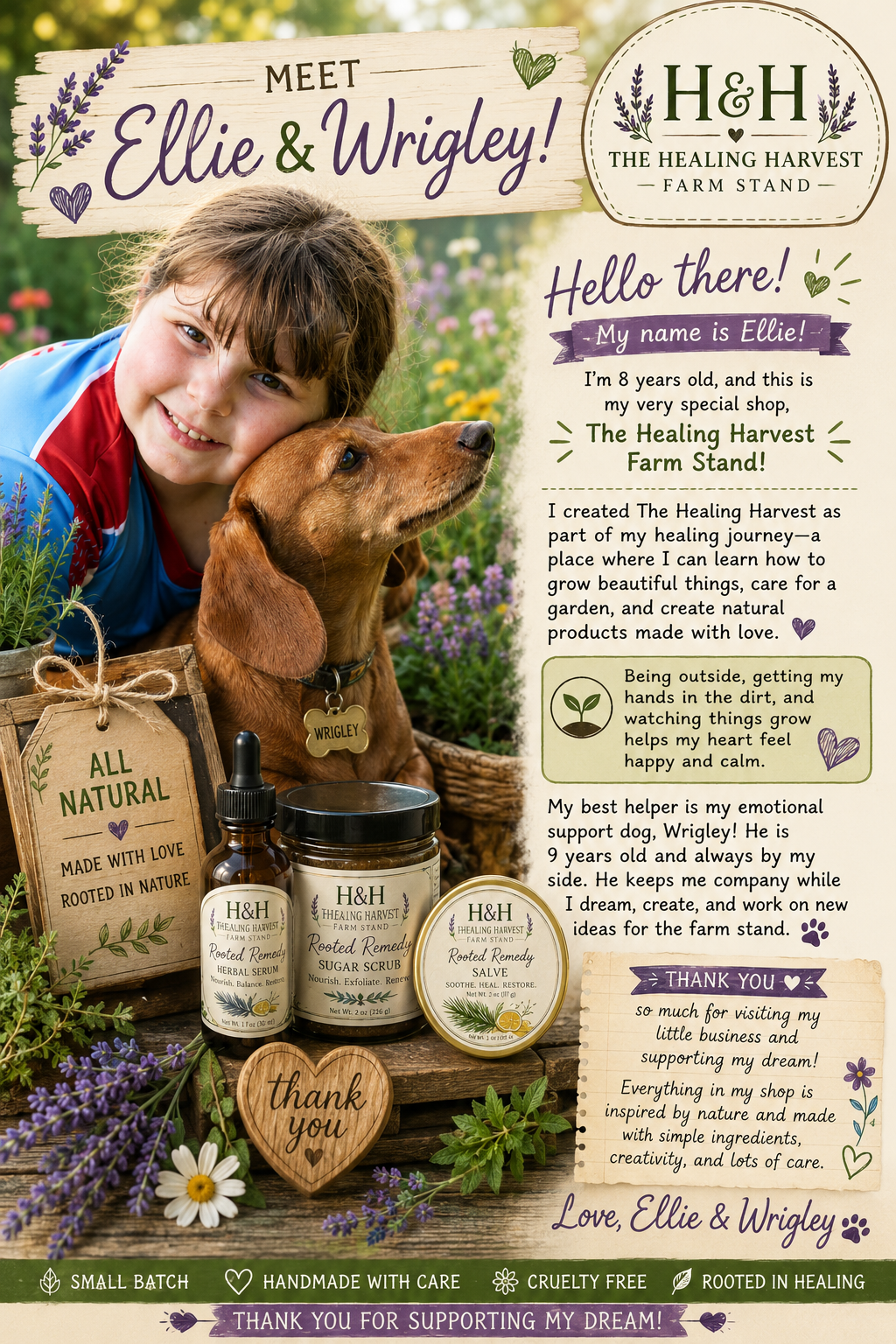 Meet Ellie and Wrigley — The Healing Harvest Farm Stand introduction with Ellie hugging her dachshund Wrigley alongside handmade Rooted Remedy products
