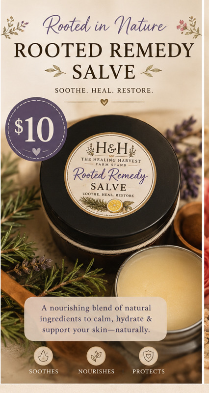 Rooted Remedy Salve tin opened to show balm, surrounded by herbs