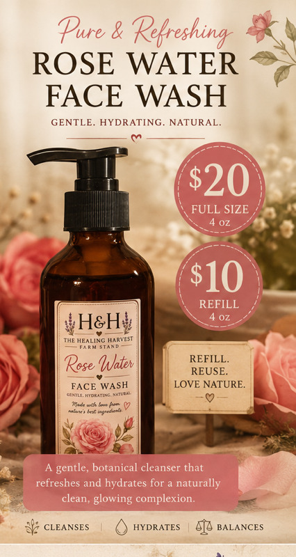 Rose Water Face Wash pump bottle surrounded by pink roses