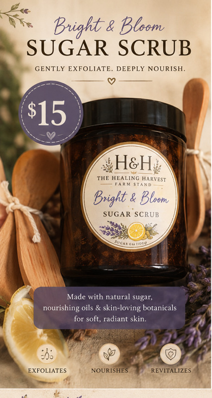 Bright & Bloom Sugar Scrub jar with wooden scoops, lemon, and lavender
